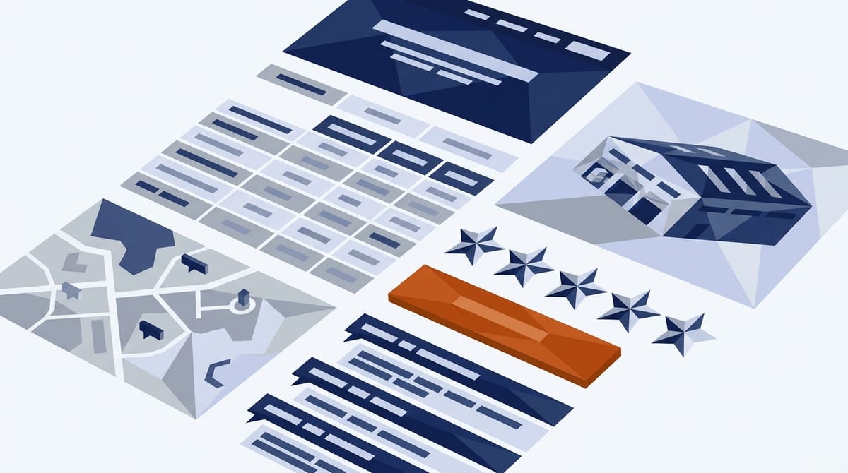 Exploded view of a facility page showing its parts: unit-size table, building photo, reviews, map, FAQ and a rent now button