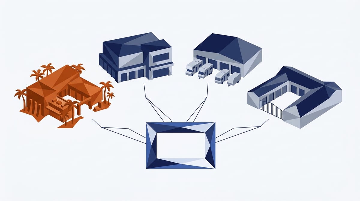 One page template connected to five different storage facilities, with the first finished location highlighted