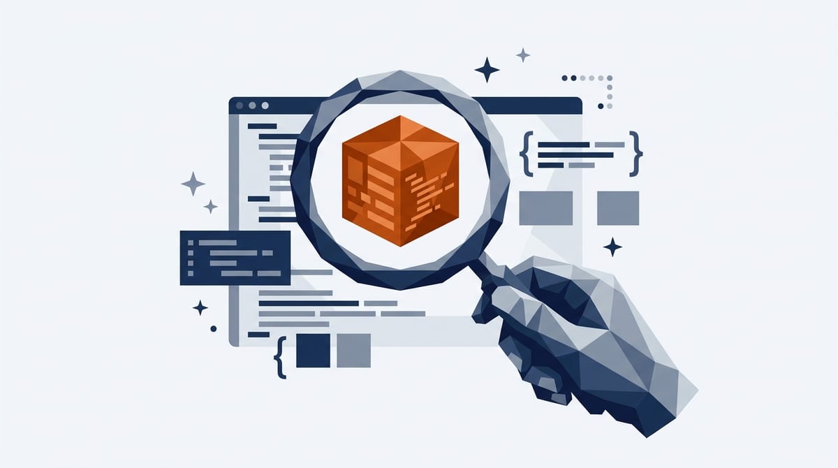 A hand holding a magnifying glass over a web page's code, highlighting one structured data block