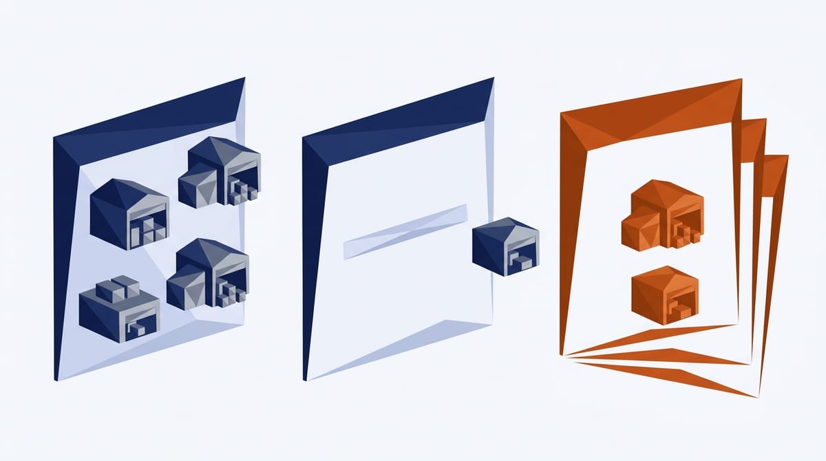 Three storage buildings illustrating common facility page mistakes: several locations sharing one page, a nearly empty page, and copy-pasted duplicate pages