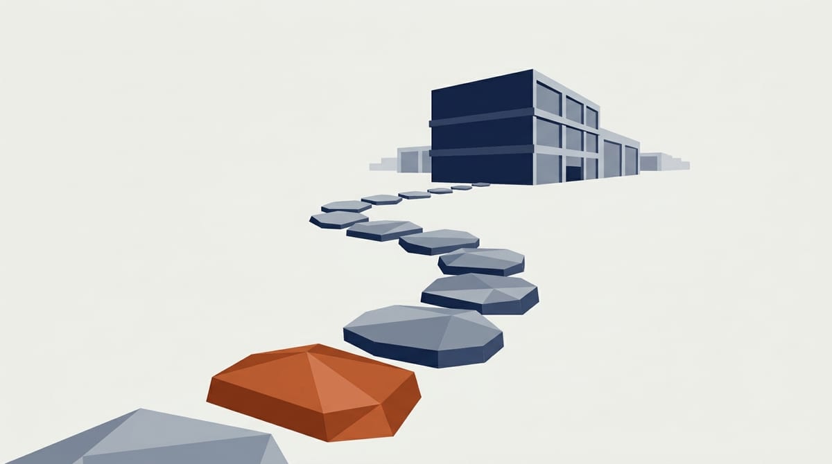Stepping-stone path leading toward a storage facility, with the first step highlighted