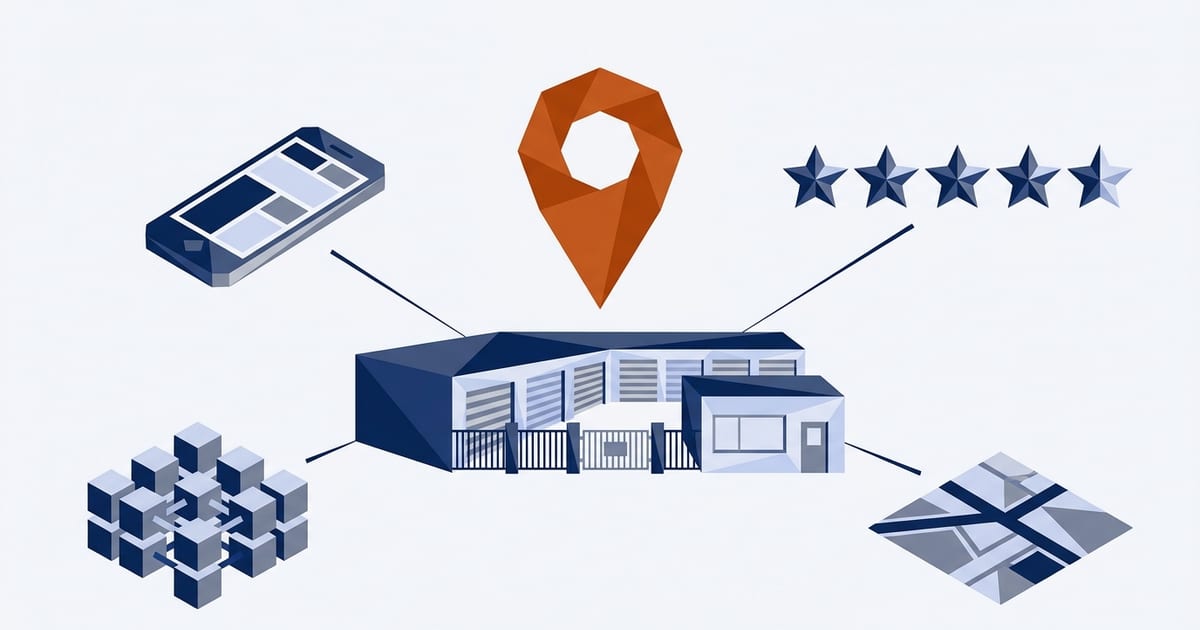 Illustration of a self-storage facility with a location pin above it, connected to a phone map, star ratings, a unit-size grid and a local map