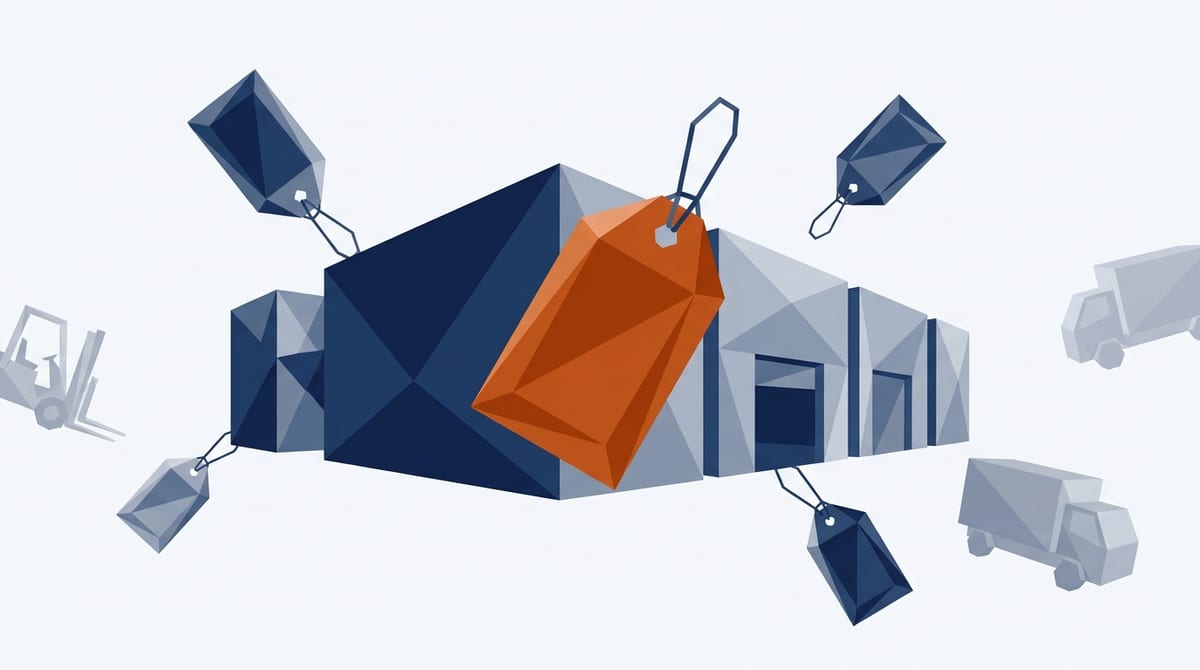 A storage facility with one primary category tag attached and smaller secondary tags floating nearby, while irrelevant tags drift away