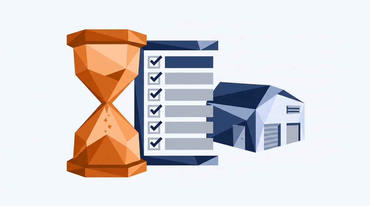 An hourglass beside a fully checked eight-step checklist, representing one afternoon of profile setup