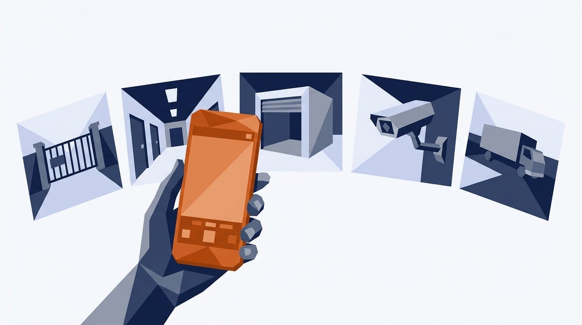 A hand photographing a storage facility gate with a phone, surrounded by photos of the hallway, an open unit, security cameras and the truck turnaround