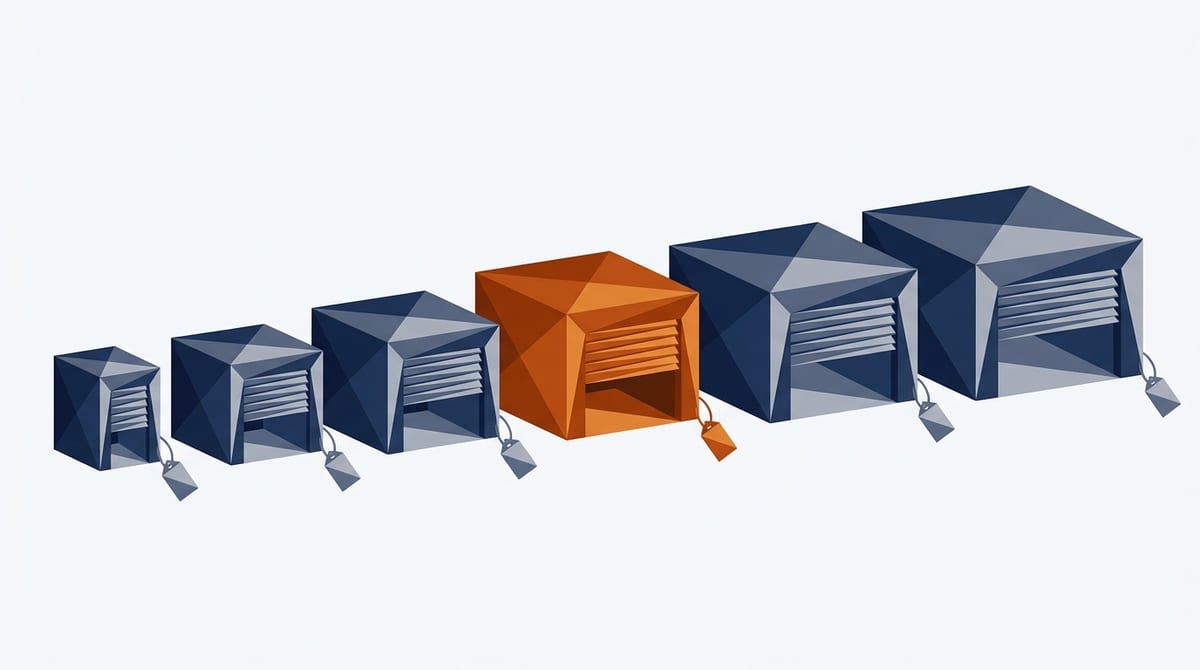 A row of storage units from small to large, each with a price tag, showing unit sizes listed as Google Business Profile products