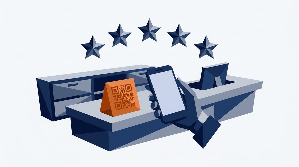 A customer scanning a review request card at a storage office counter, with five stars above