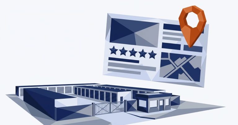 Illustration of a self-storage facility with a Google Business Profile listing card above it, showing photos, star ratings and a map pin