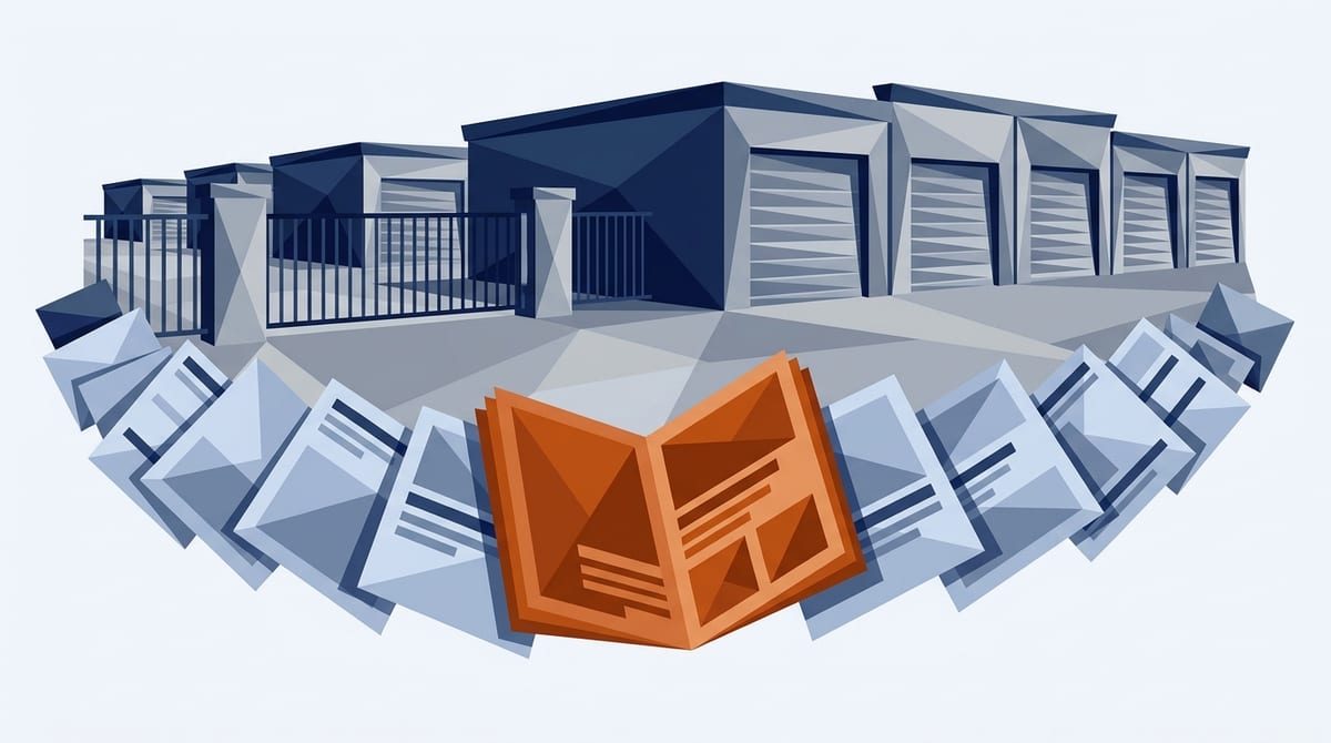 A fan of guides and articles in front of a storage facility