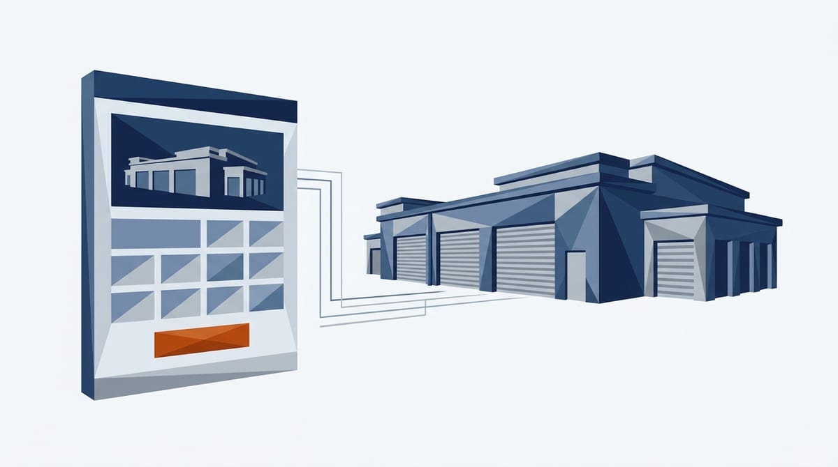 A facility web page with a building photo, unit-size grid and rent button, connected to the storage facility it describes