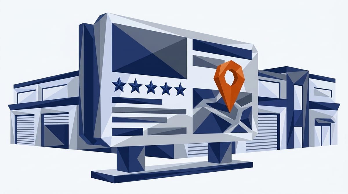 A Google Business Profile listing card with photos, star ratings and a map pin standing in front of a storage facility