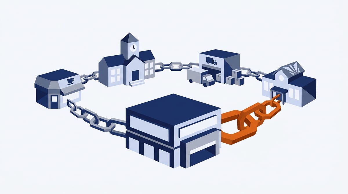 Local businesses such as a coffee shop, school and moving company linked to a storage facility by chains