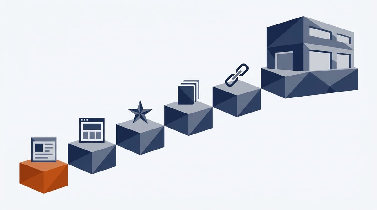 A staircase of steps from Google Business Profile to facility pages, reviews, citations and links
