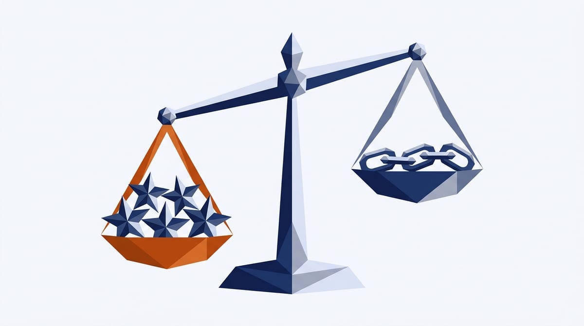 A balance scale where five stars outweigh a chain of links