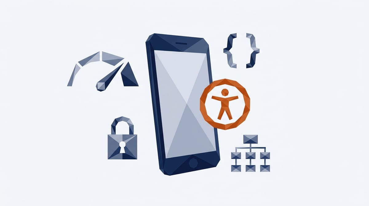 A smartphone surrounded by a speed gauge, code brackets, a padlock, a sitemap and an accessibility symbol