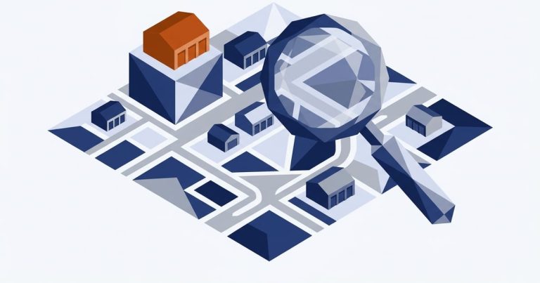 Illustration of a local map with several storage facilities, one raised above the rest as the top search result, under a magnifying glass